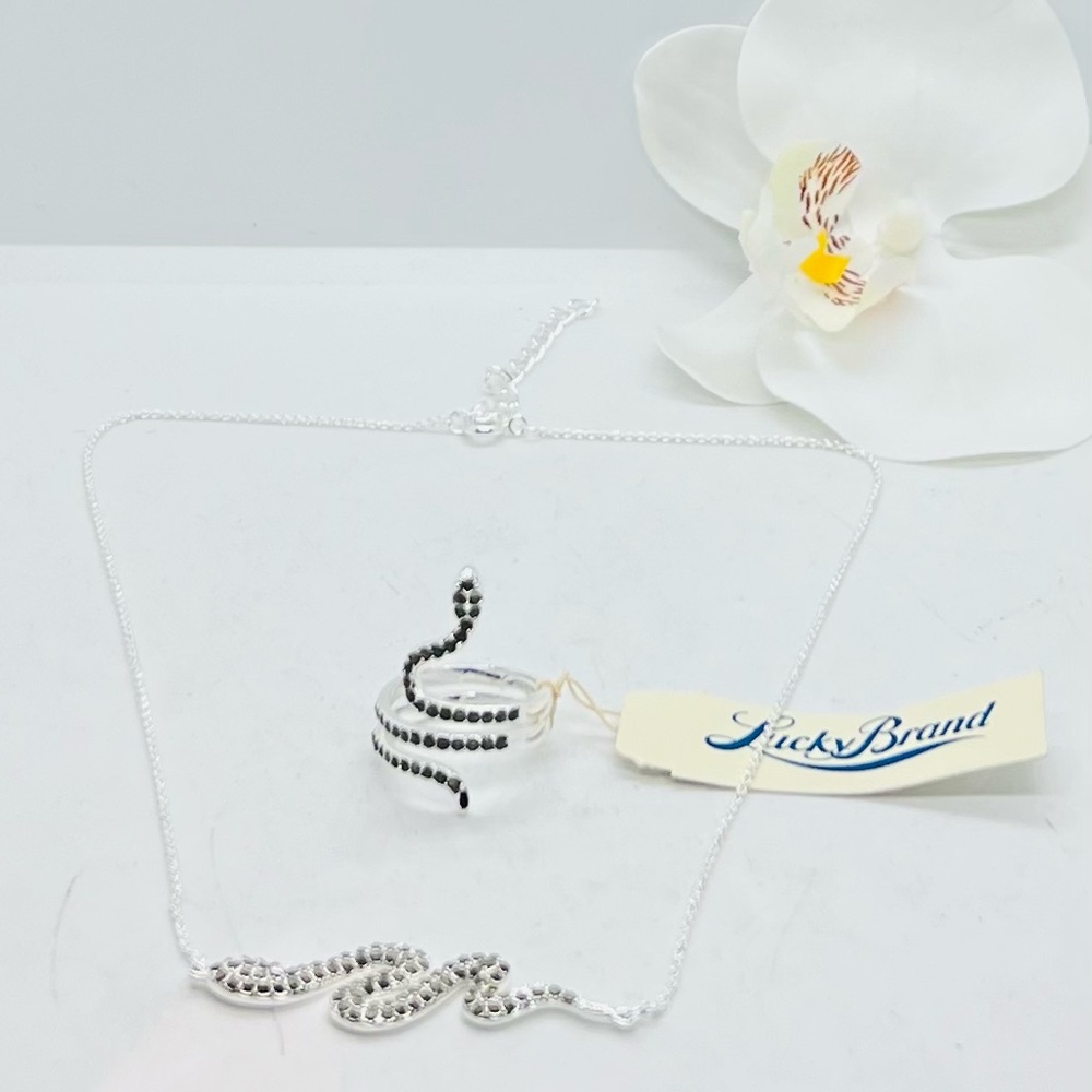 NWTO Lucky Brand Silver Tone Snake Pendant Necklace & Ring Size 7, Set Of 2